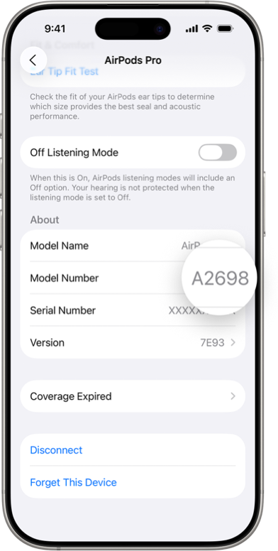 Modellnummer der AirPods in den Bluetooth-Einstellungen eines iPhones
